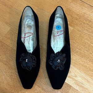 Velvety Black Heels with Satin and Crystal Floral Accent